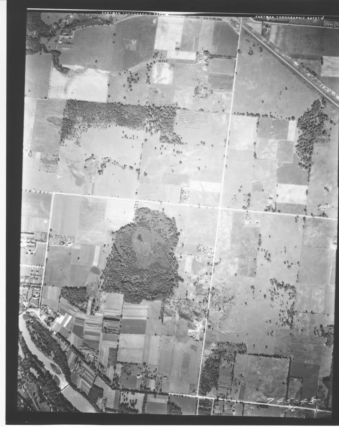 Eastman Topographic aerial photograph of the Oakridge area in 1942, showing farmland and the Sifton Bog before development, London Ontario