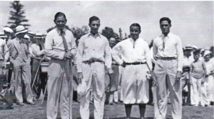 Golfers Jack Nash, Sandy Somerville, Joe Kirkwood, and Gene Sarazen at the opening of the Thames Valley Classic course, Oakridge, London Ontario, July 29 1933
